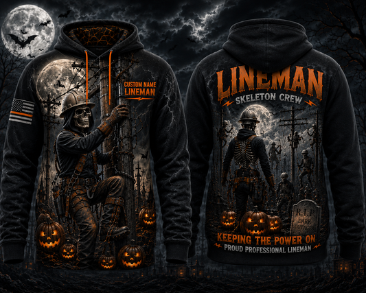 Custom Name Lineman Skeleton Crew Keeping The Power On Halloween 3D Hoodie