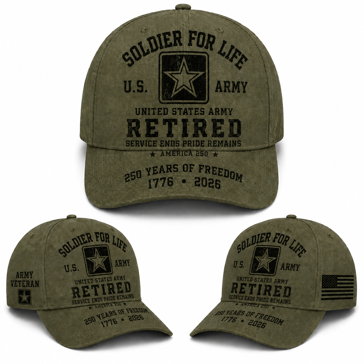 US Army Soldier For Life Retired Veteran America 250 Baseball Cap