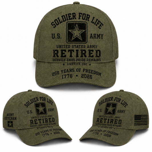 US Army Soldier For Life Retired Veteran America 250 Baseball Cap