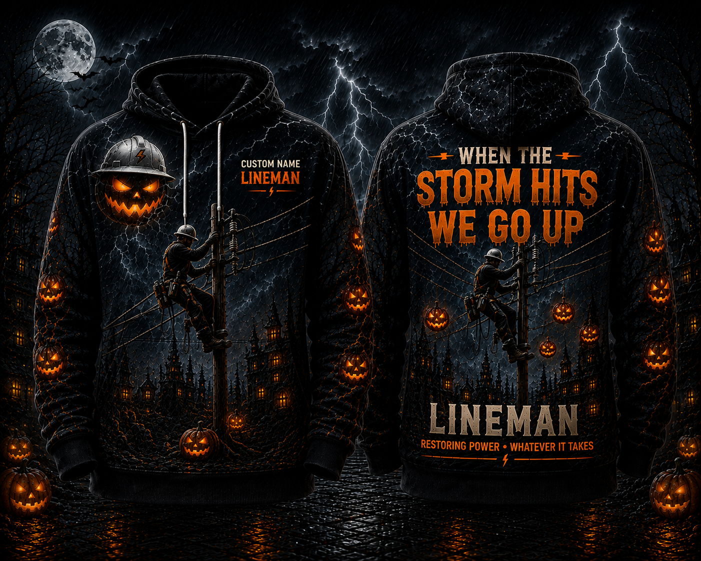 Custom Name Lineman When The Storm Hits We Go Up Halloween 3D Hoodie