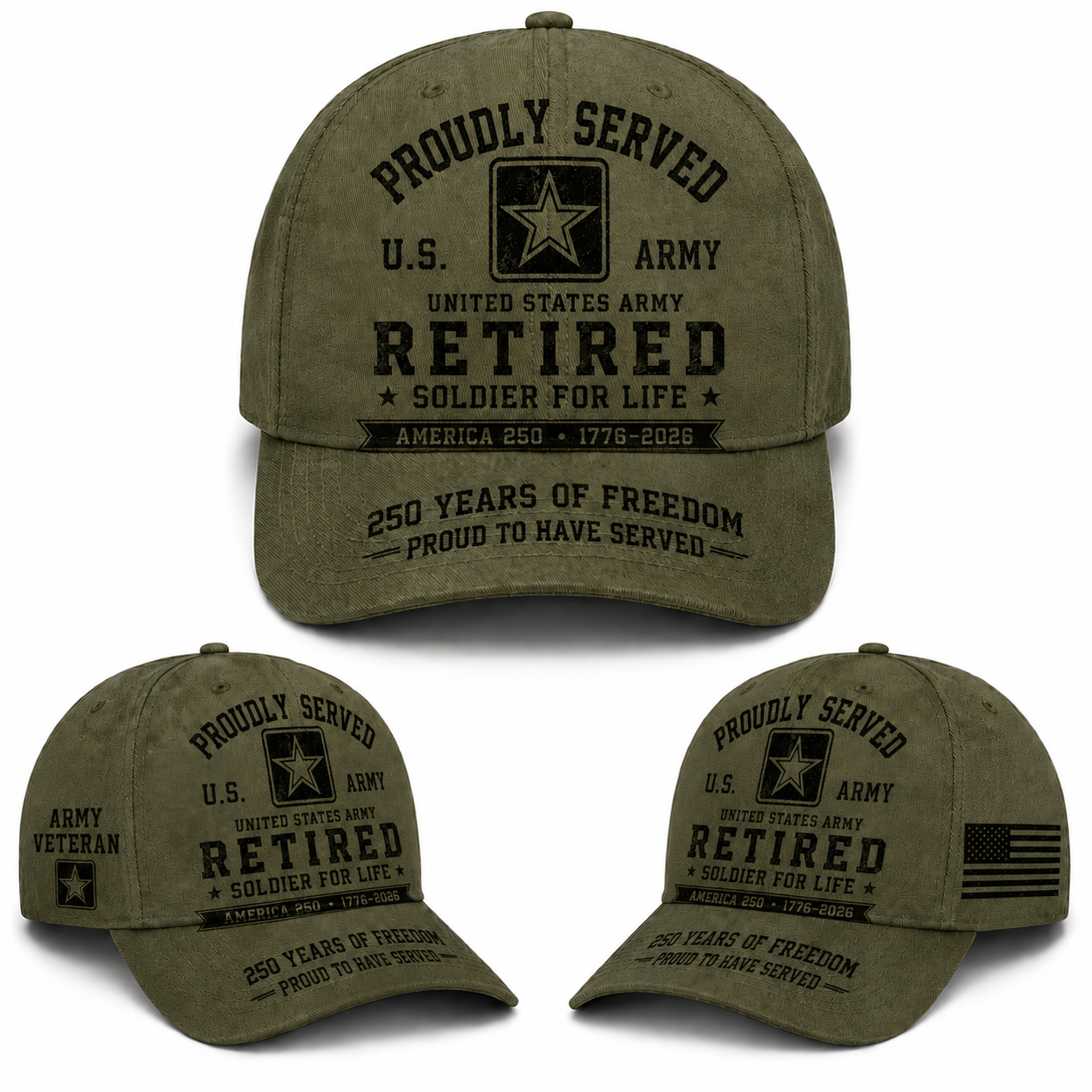 US Army Proudly Served Retired Veteran America 250 Baseball Cap