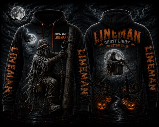 Custom Name Lineman Ghost Light Skeleton Crew Halloween 3D Hoodie