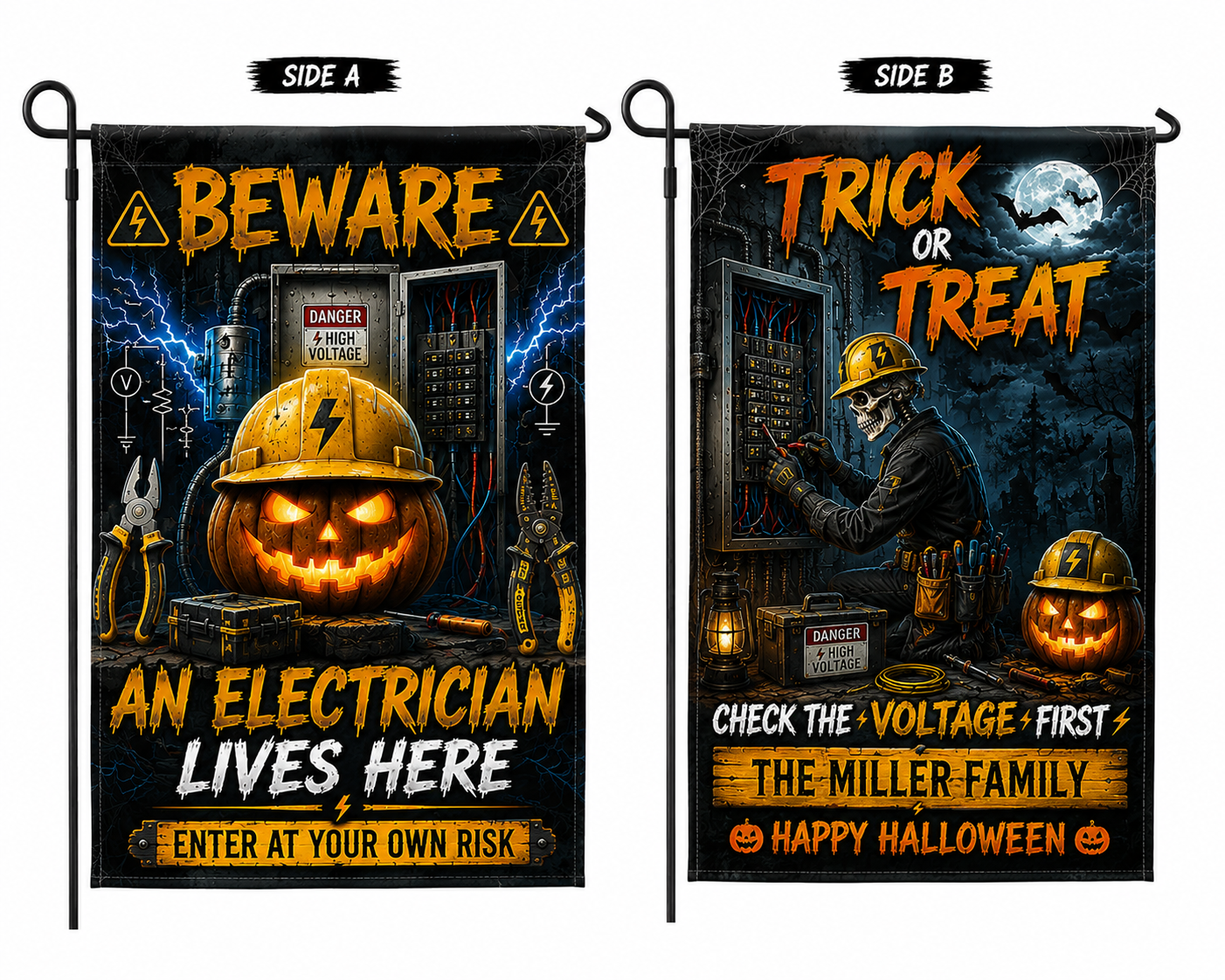 Custom Electrician Halloween Double Sided Garden Flag - Personalized Family Name Yard Decor