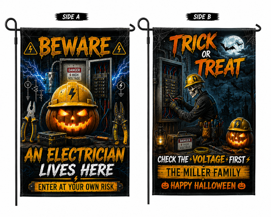 Custom Electrician Halloween Double Sided Garden Flag - Personalized Family Name Yard Decor