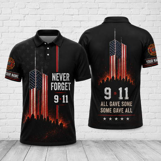 Firefighter 9/11 Never Forget Memorial Polo Shirt - Custom Name Patriotic Gift