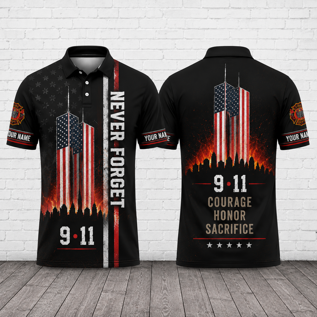 Custom Name Firefighter 9/11 Courage Honor Sacrifice Memorial Polo Shirt