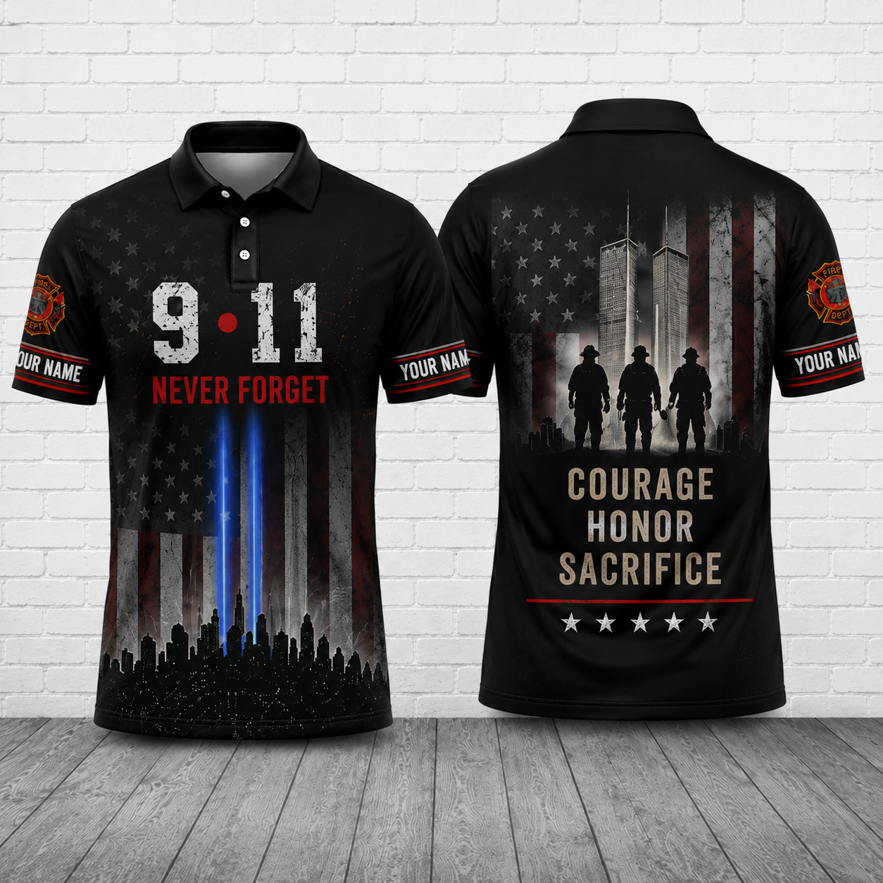 Custom Name Firefighter 9/11 Never Forget Memorial Polo Shirt - Courage Honor Sacrifice