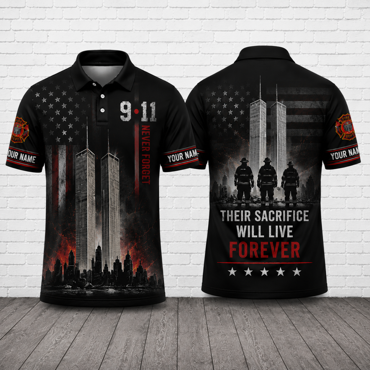 Custom Firefighter 9/11 Twin Towers Memorial Polo Shirt - Personalized Tribute Gift