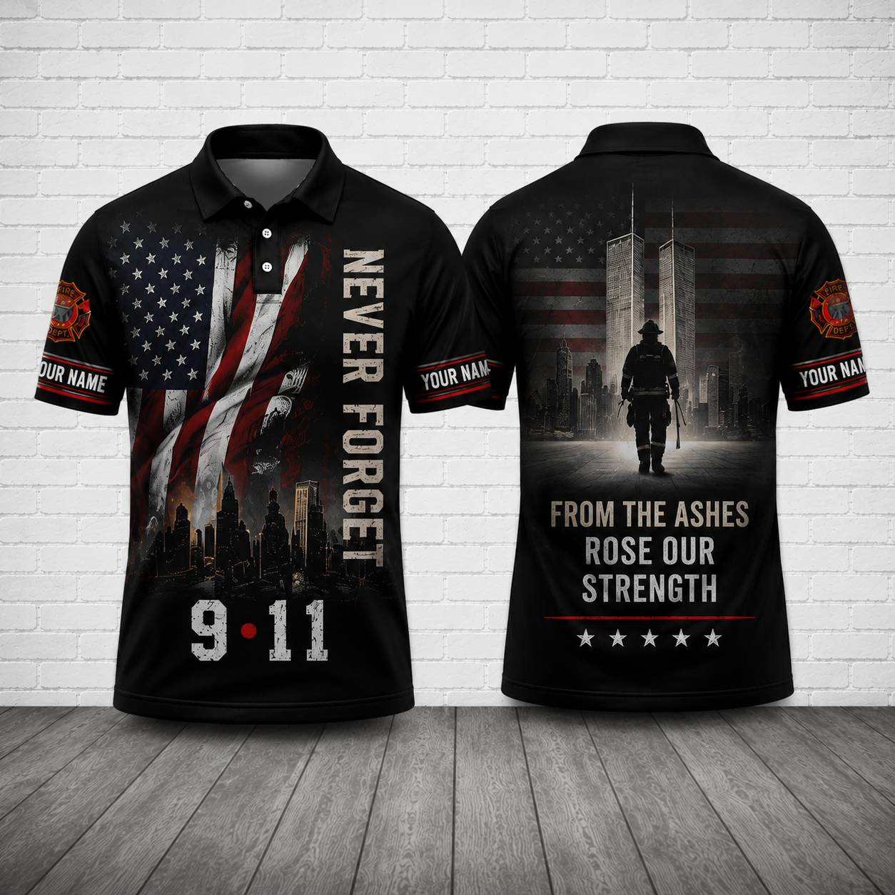 Custom Name Firefighter 9/11 Memorial Polo Shirt - From the Ashes Rose Our Strength