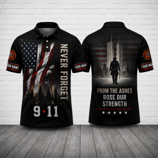 Custom Name Firefighter 9/11 Memorial Polo Shirt - From the Ashes Rose Our Strength