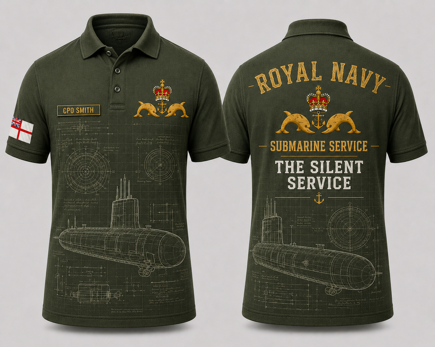 Royal Navy Submarine Service Blueprint Polo Shirt - Custom Name Silent Service Gift