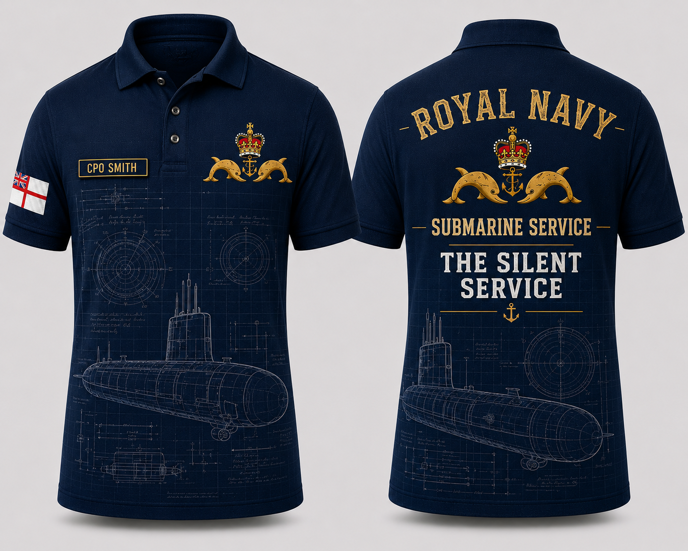 Royal Navy Submarine Service Blueprint Polo Shirt - Custom Name Silent Service Gift