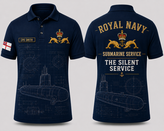 Royal Navy Submarine Service Blueprint Polo Shirt - Custom Name Silent Service Gift