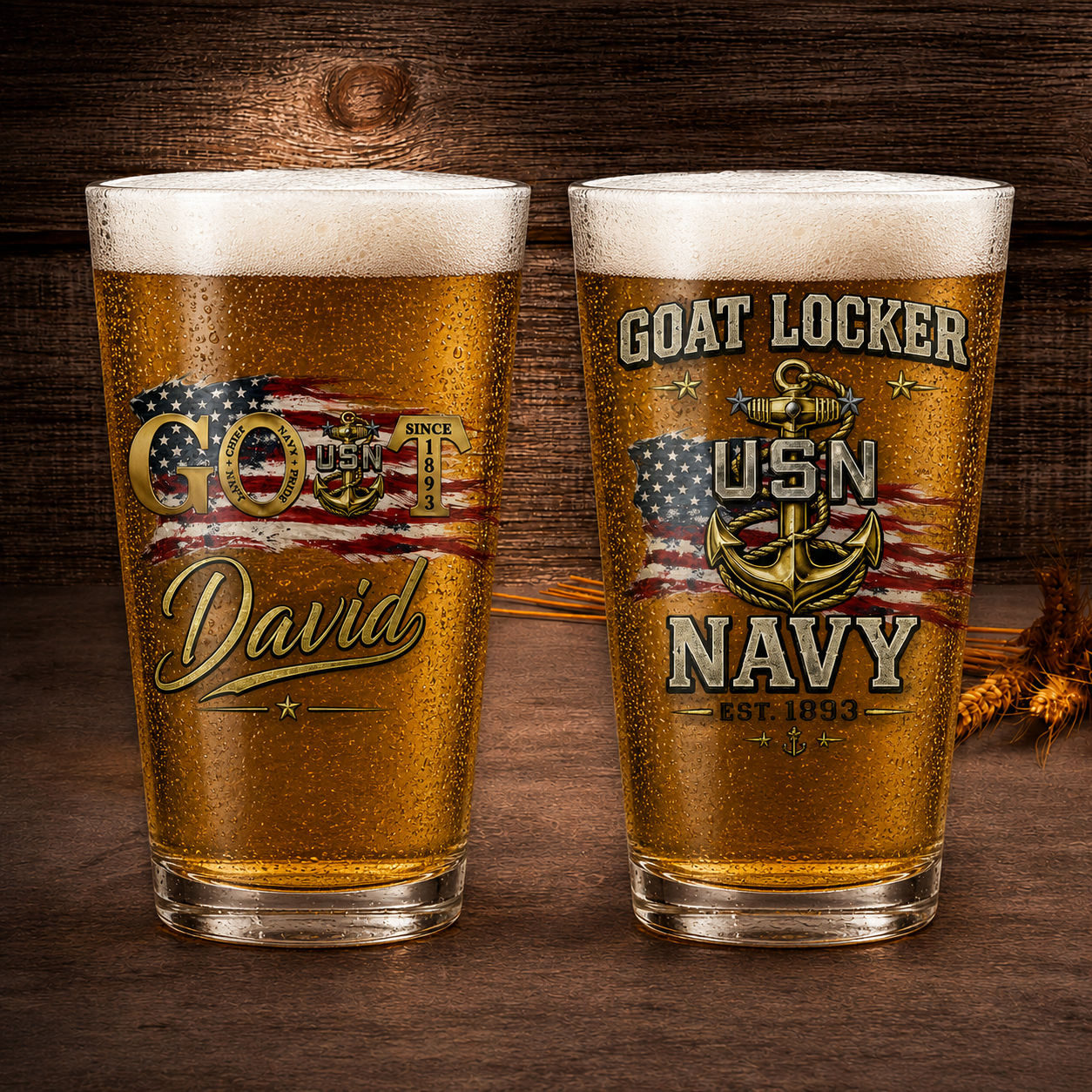 Custom Name US Navy Master Chief GOAT Since 1893 16oz Pint Beer Glass