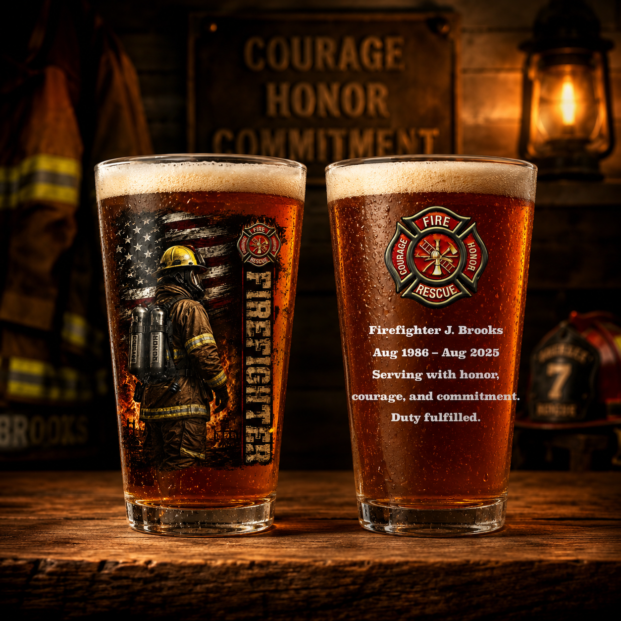 Custom Name & Serving Time Firefighter Retirement 16oz Pint Beer Glass