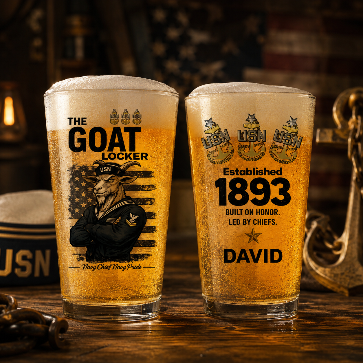 Custom Name US Navy The GOAT Locker 16oz Pint Beer Glass