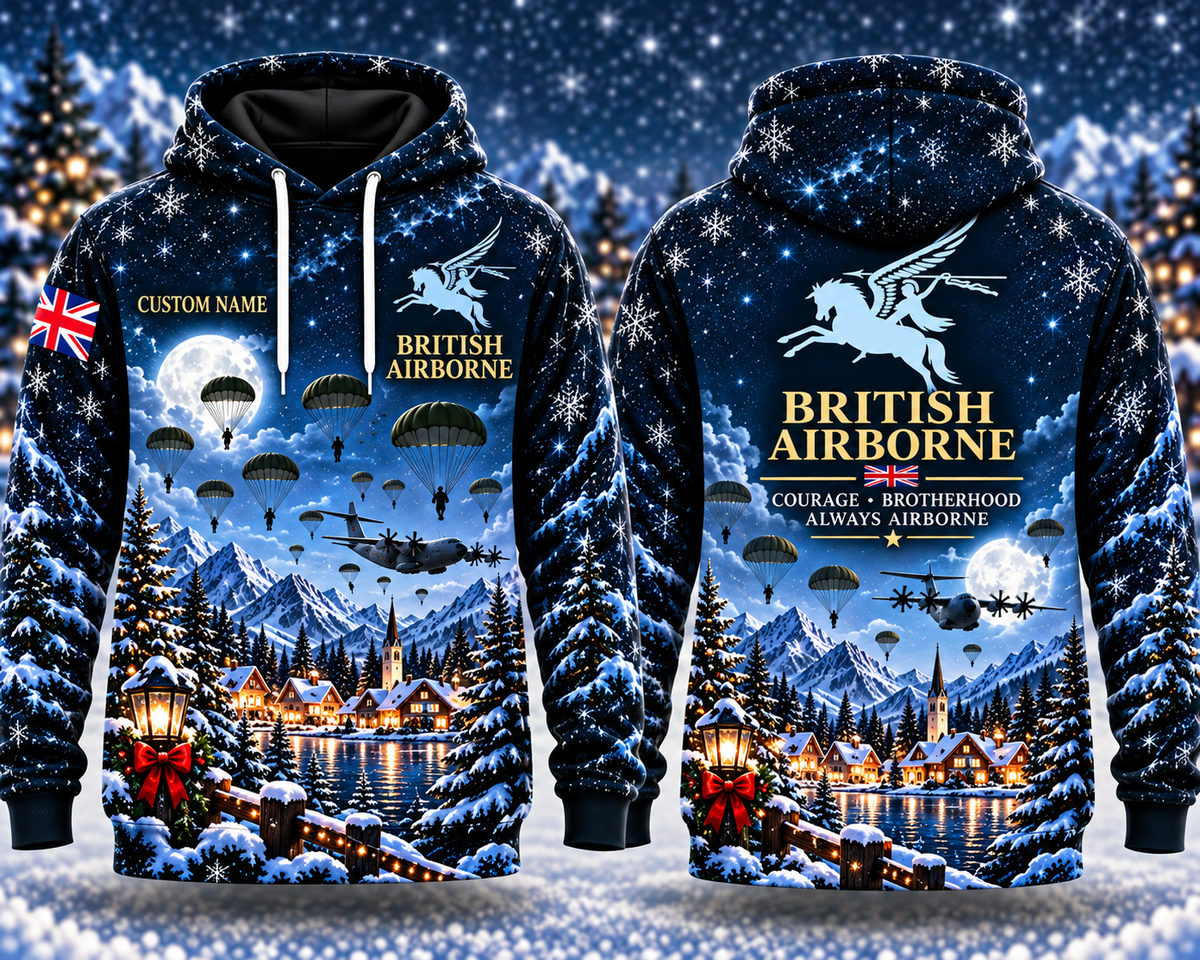 British Airborne Pegasus Christmas Custom Name 3D Hoodie - Courage Brotherhood Always Airborne