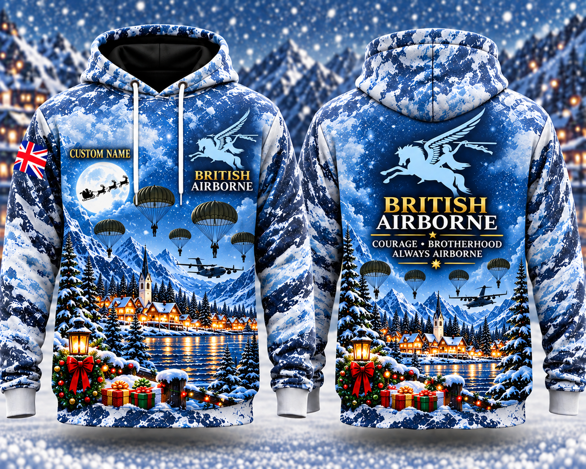 British Airborne Pegasus Christmas Custom Name 3D Hoodie - Courage Brotherhood Always Airborne
