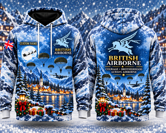 British Airborne Pegasus Christmas Custom Name 3D Hoodie - Courage Brotherhood Always Airborne