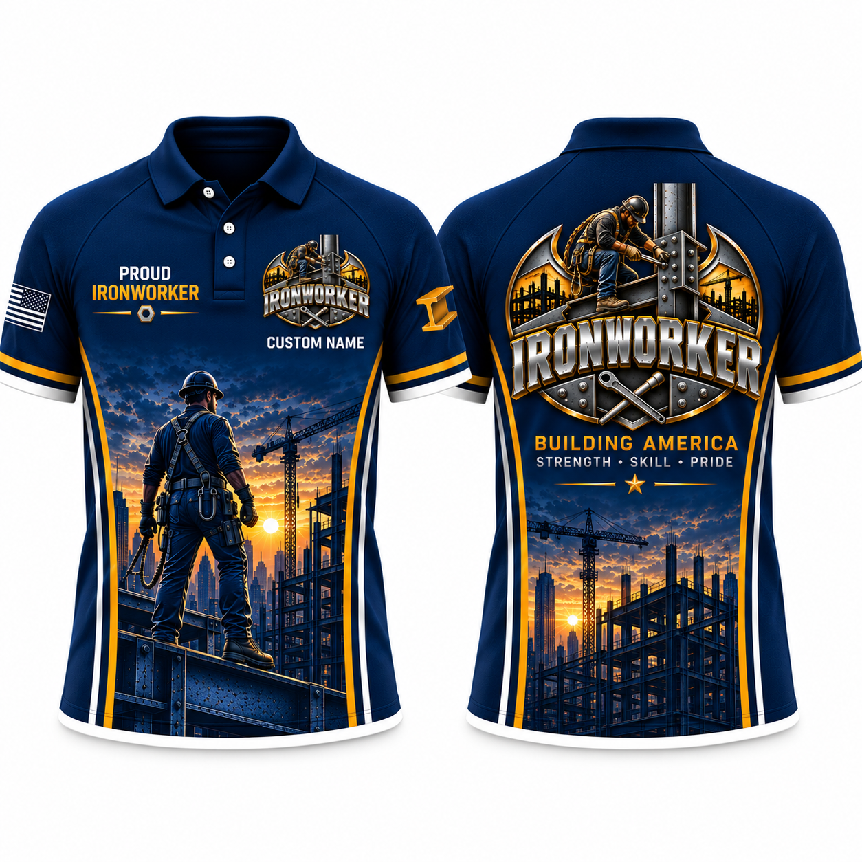 Custom Name Proud Ironworker Building America Polo Shirt