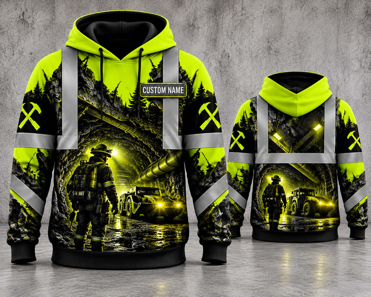 Personalized Underground Miner Hi Vis 3D Hoodie - Custom Name Mining Workwear