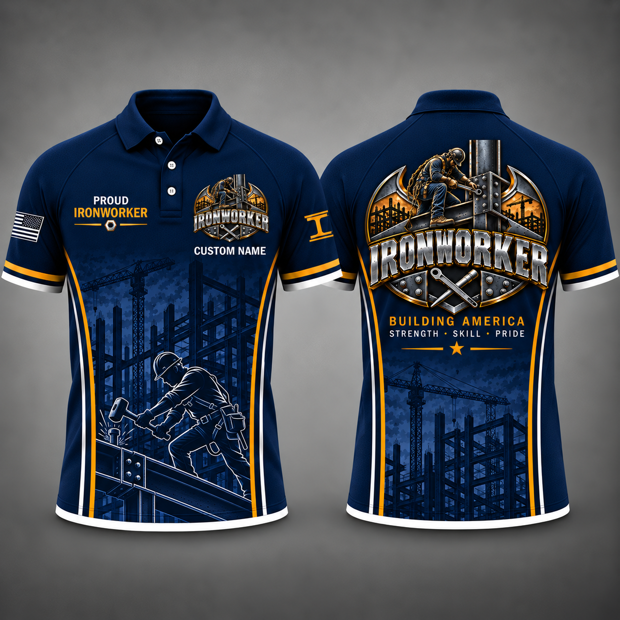Custom Name Proud Ironworker Building America Polo Shirt