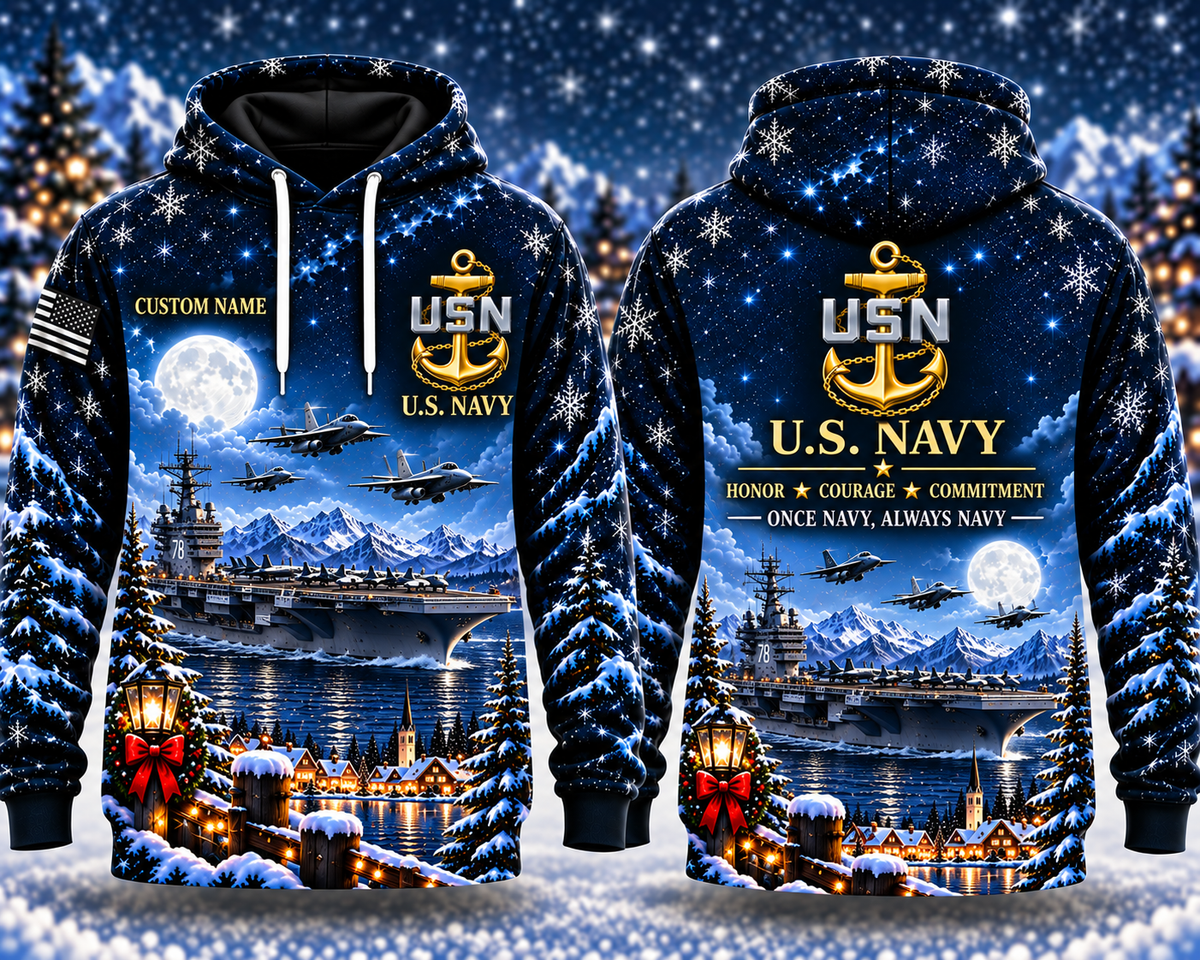 US Navy Christmas Aircraft Carrier Custom Name 3D Hoodie - USN Military Veteran Gift