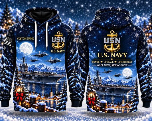 US Navy Christmas Aircraft Carrier Custom Name 3D Hoodie - USN Military Veteran Gift