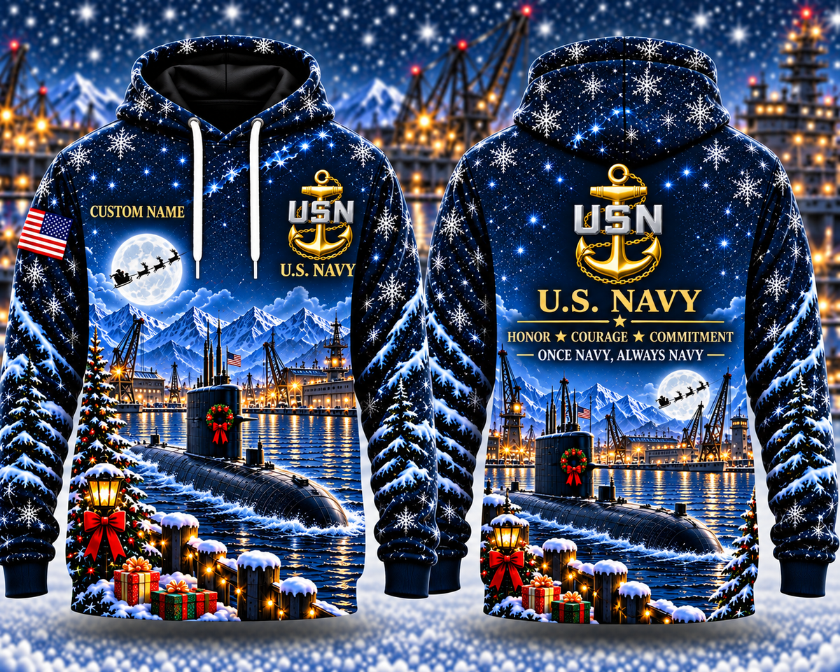 US Navy Submariner Christmas Custom Name 3D Hoodie - USN Submarine Veteran Gift