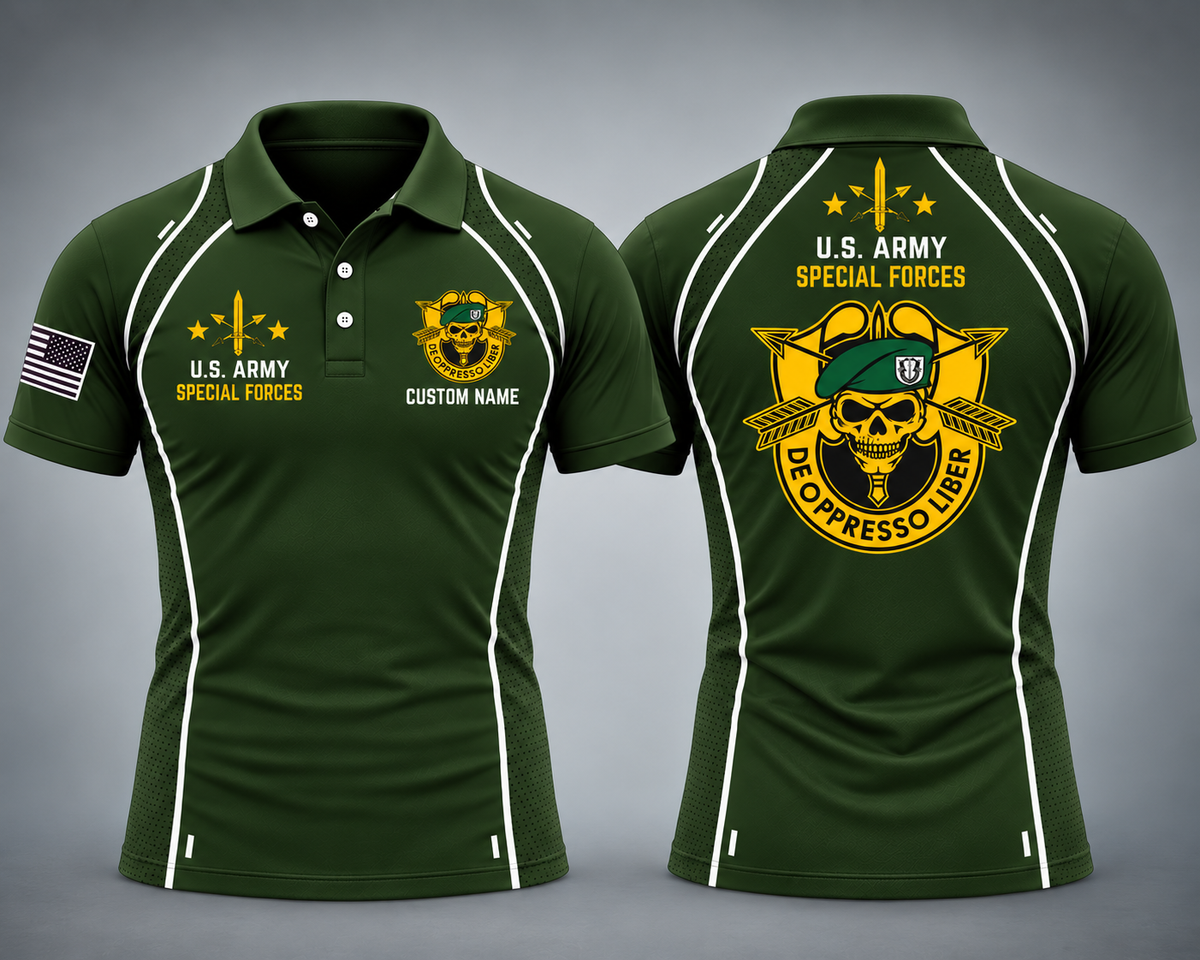 Custom Name US Army Special Forces Green Beret De Oppresso Liber Polo Shirt