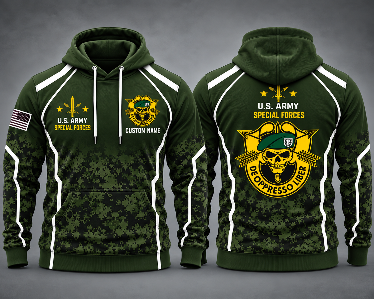 Custom Name US Army Special Forces Green Beret De Oppresso Liber Camo 3D Hoodie
