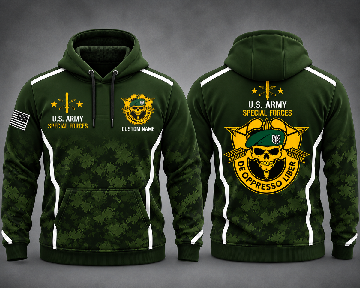 Custom Name US Army Special Forces Green Beret De Oppresso Liber Camo 3D Hoodie