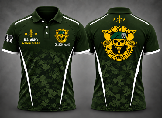 Custom Name US Army Special Forces Green Beret Camo Polo Shirt