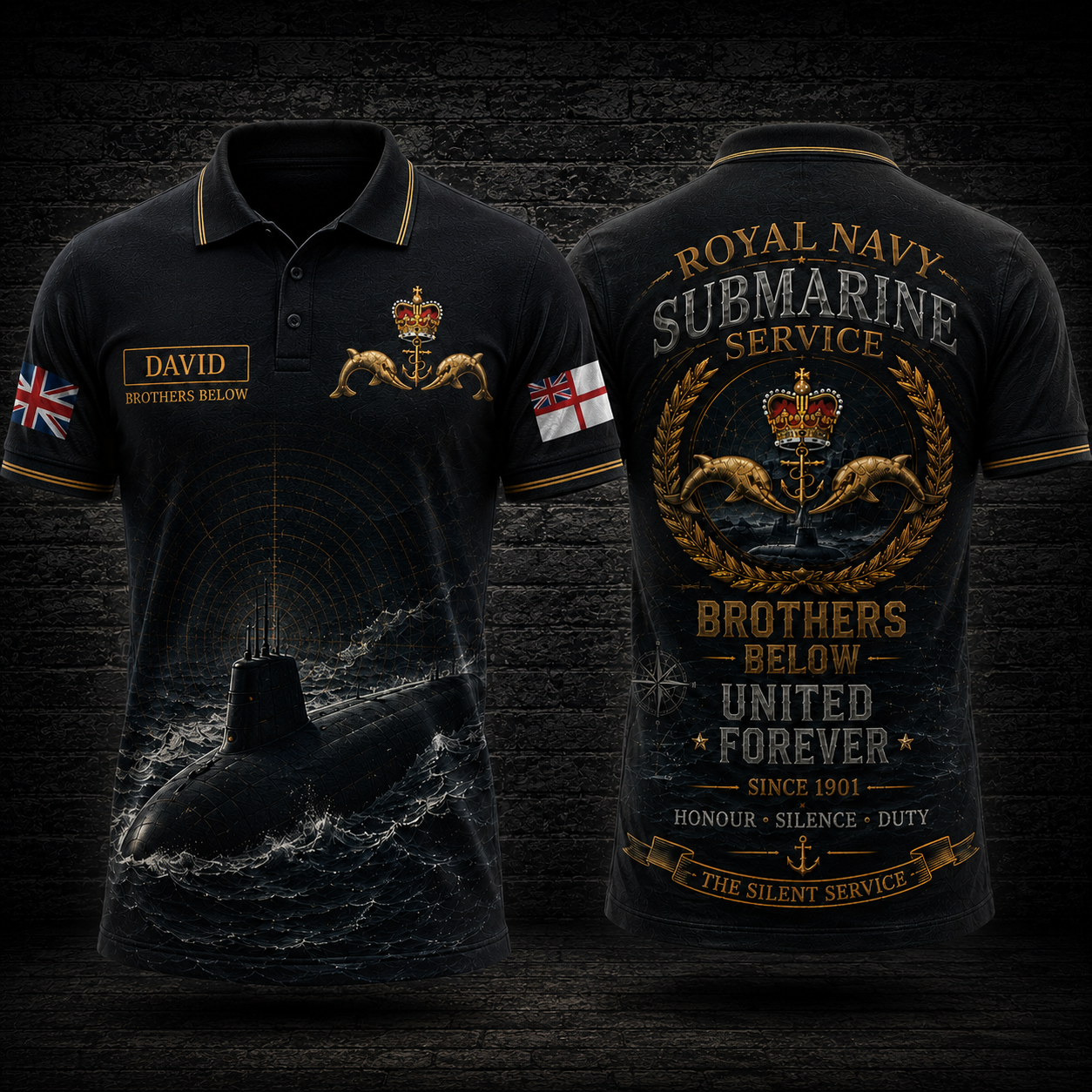 Custom Name Royal Navy Submarine Service Brothers Below United Forever Polo Shirt