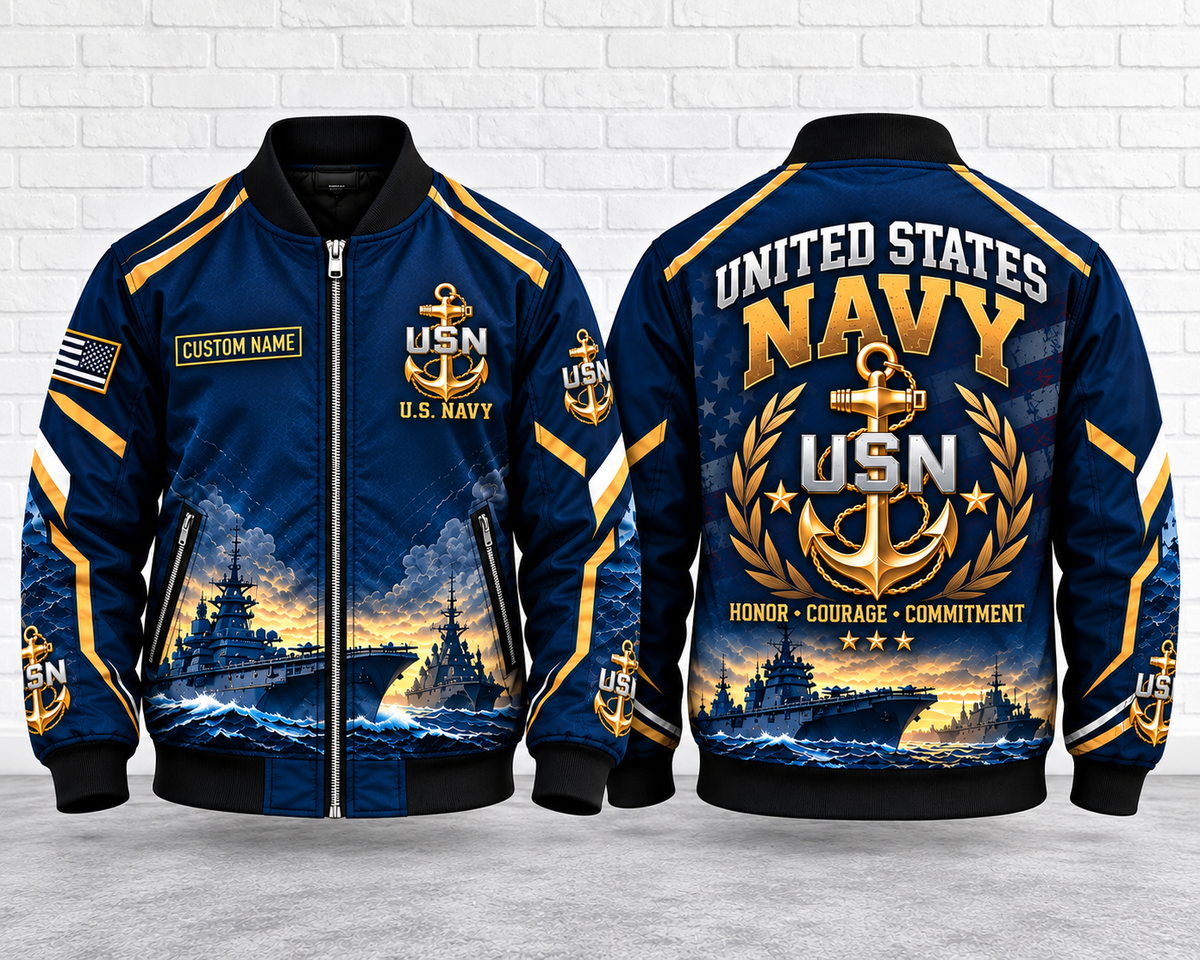Custom Name US Navy Anchor AOP Fleece Bomber Jacket
