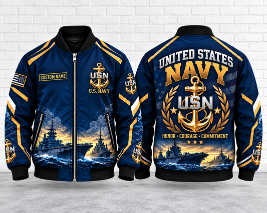Custom Name US Navy Anchor AOP Fleece Bomber Jacket