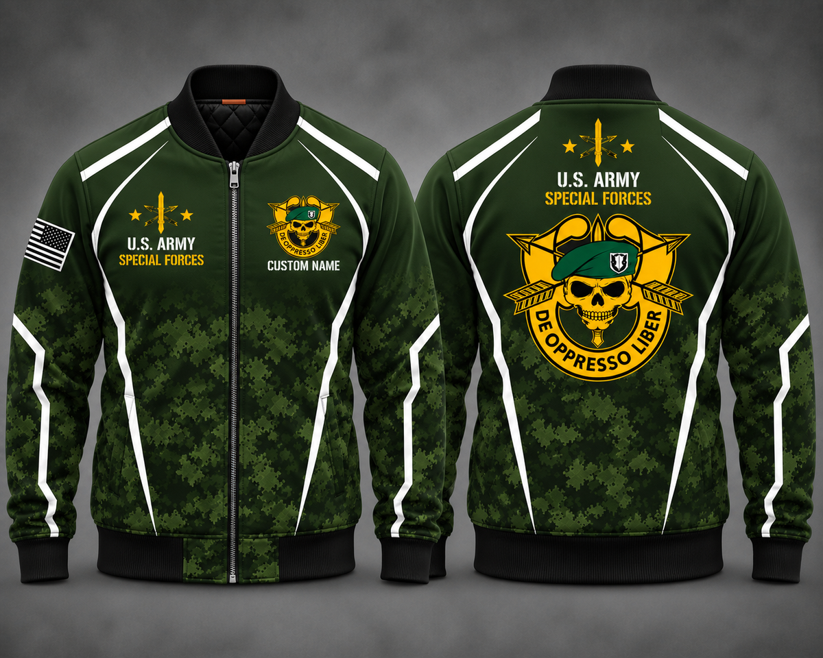 US Army Special Forces Green Beret AOP Fleece Bomber Jacket - Custom Name