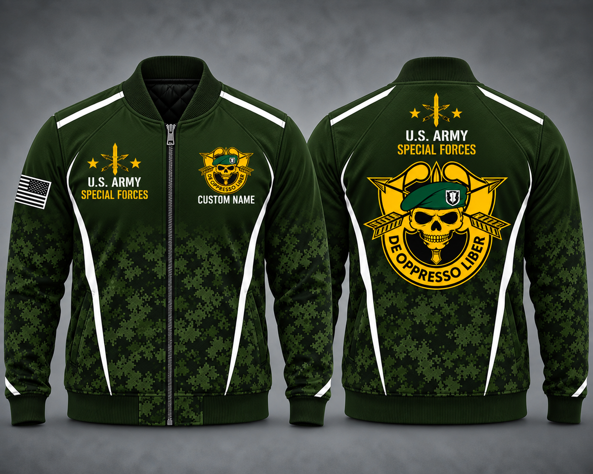 US Army Special Forces Green Beret AOP Fleece Bomber Jacket - Personalized Custom Name