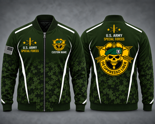 US Army Special Forces Green Beret AOP Fleece Bomber Jacket - Personalized Custom Name