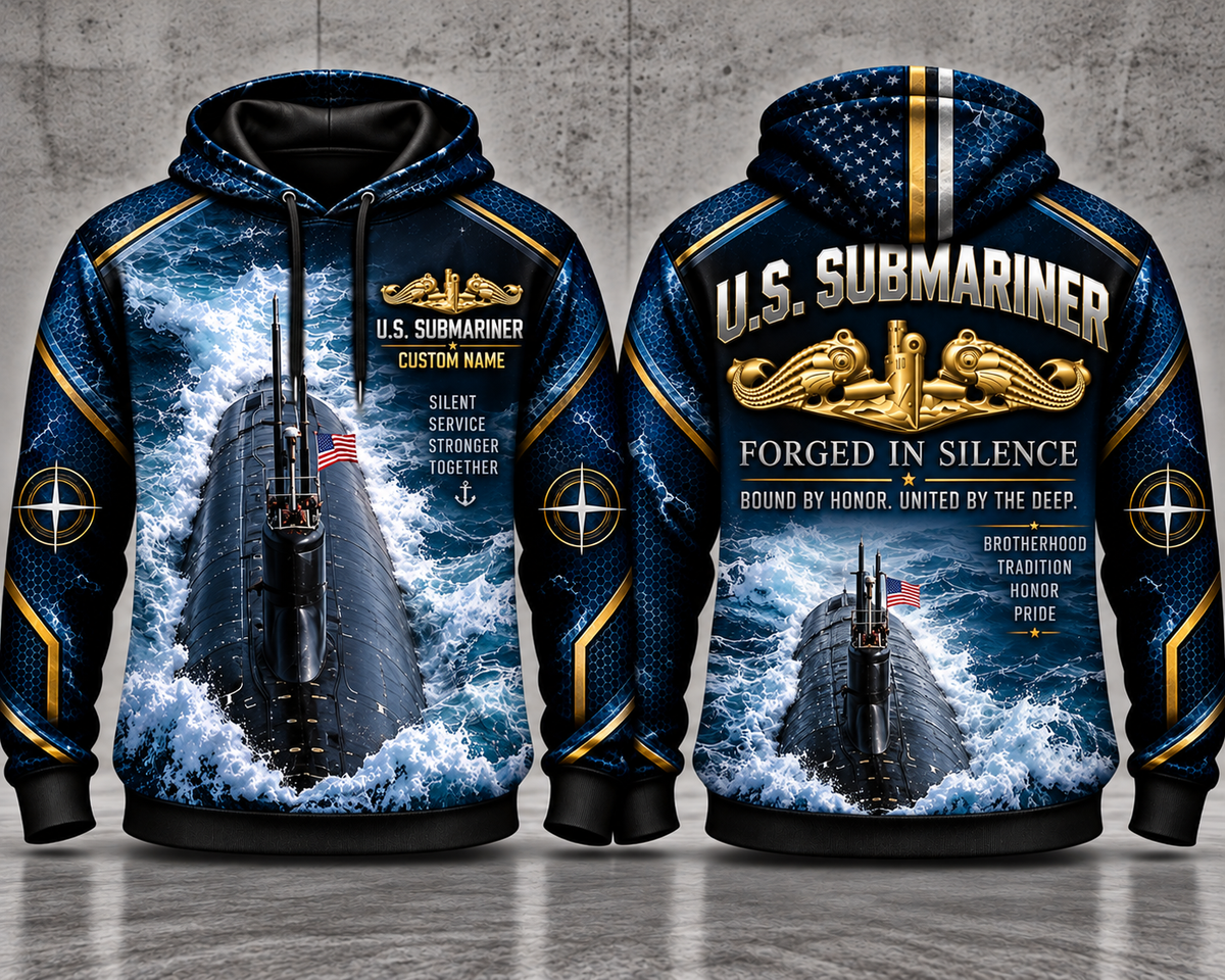 US Navy Submariner Forged in Silence Custom Name 3D Hoodie - Gold Dolphins Silent Service