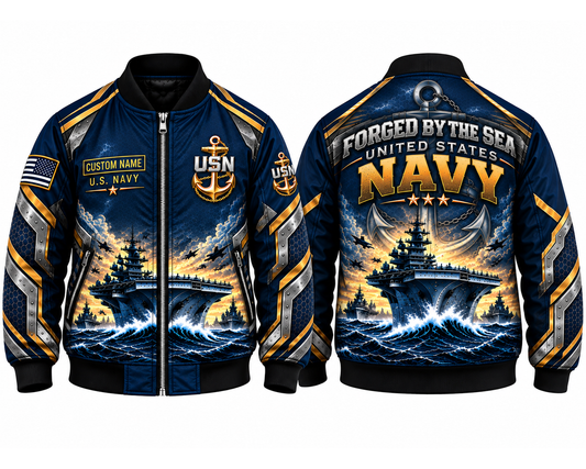 Custom Name US Navy Forged By The Sea AOP Fleece Bomber Jacket
