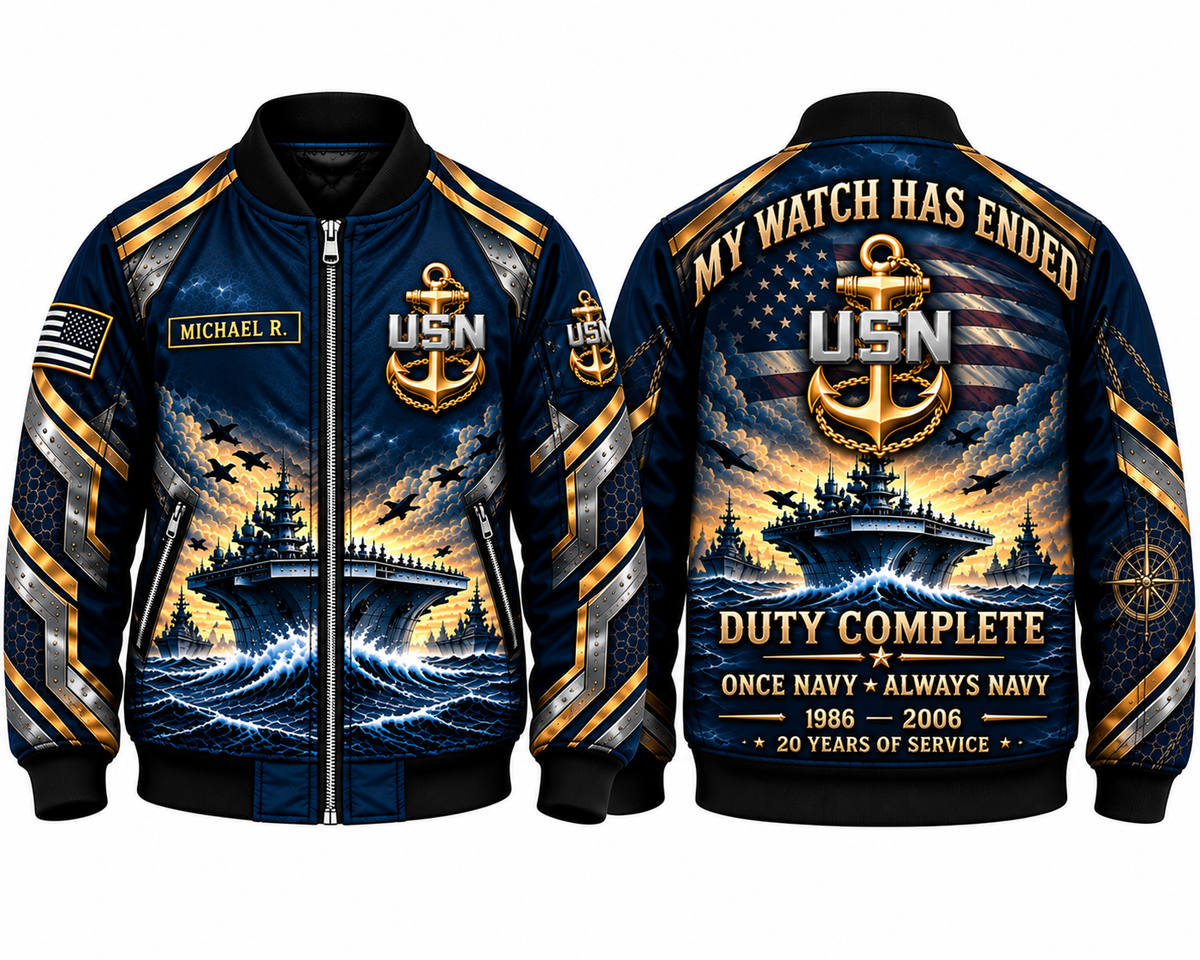 Custom Name US Navy My Watch Has Ended Retirement AOP Fleece Bomber Jacket