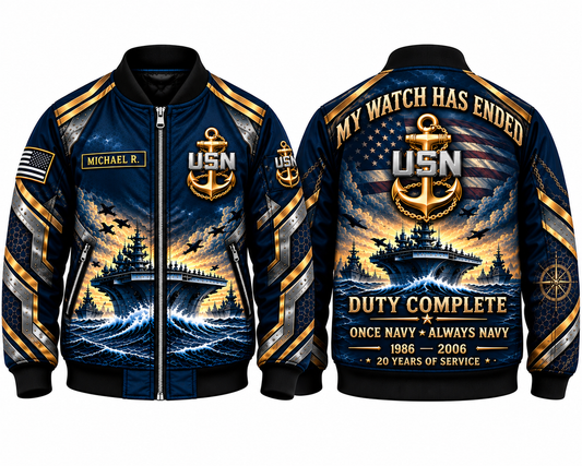 Custom Name US Navy My Watch Has Ended Retirement AOP Fleece Bomber Jacket