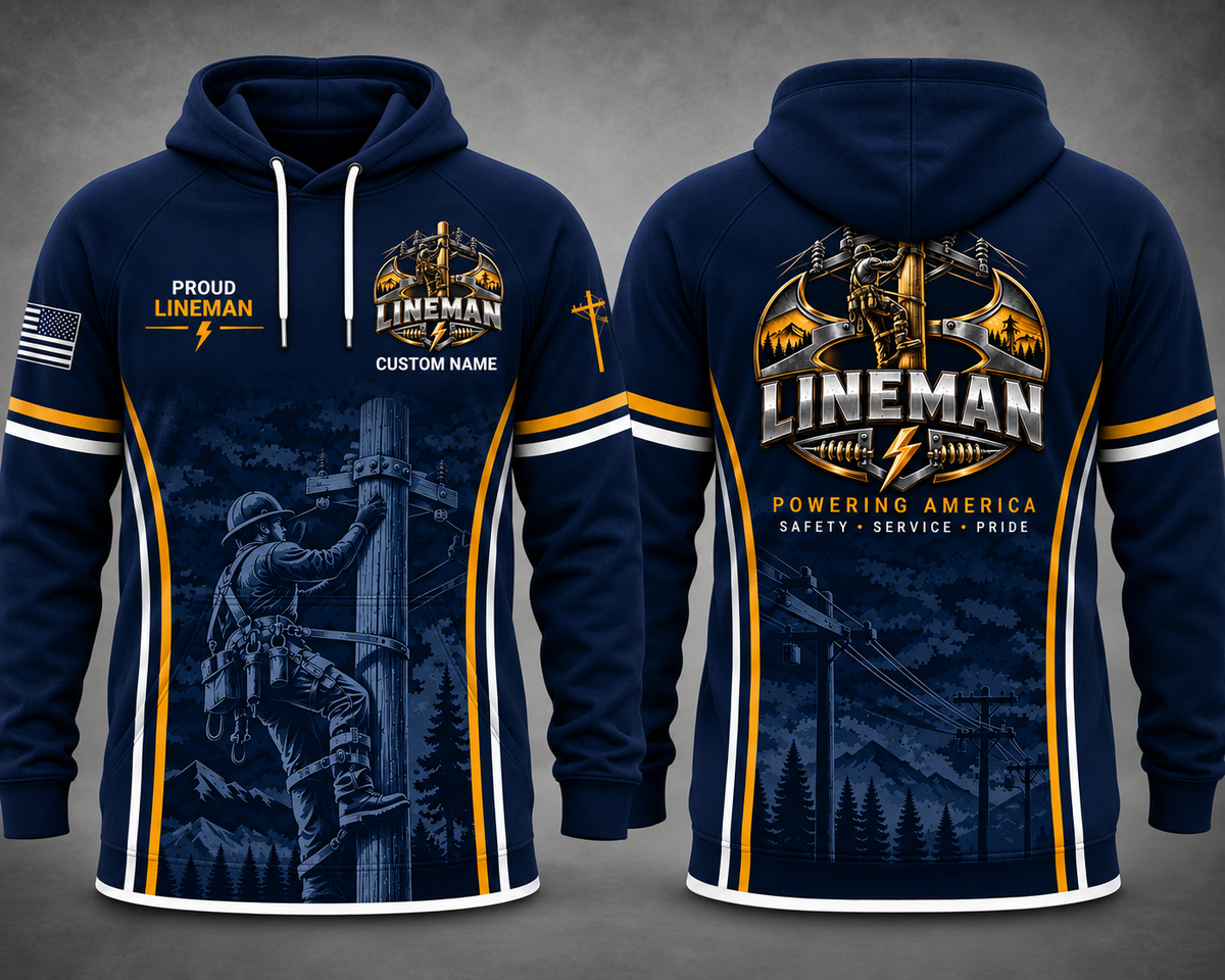 Proud Lineman Powering America Custom Name 3D Hoodie