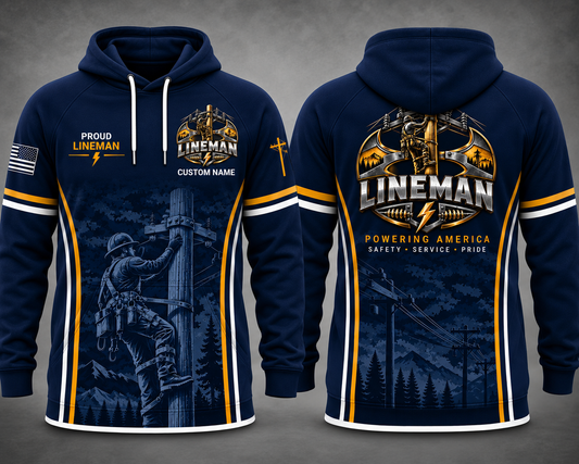 Proud Lineman Powering America Custom Name 3D Hoodie