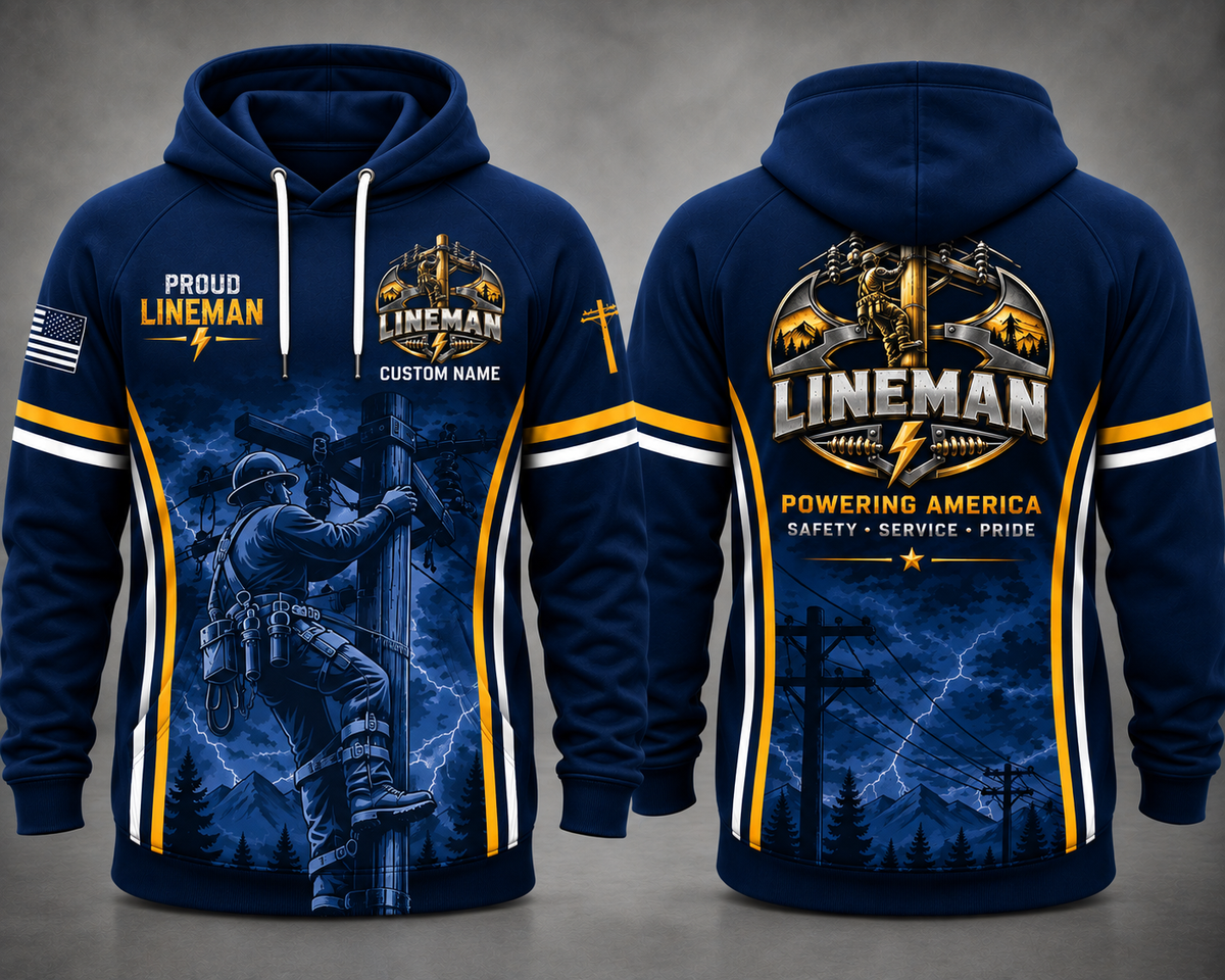 Proud Lineman Powering America Custom Name 3D Hoodie