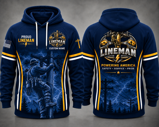Proud Lineman Powering America Custom Name 3D Hoodie