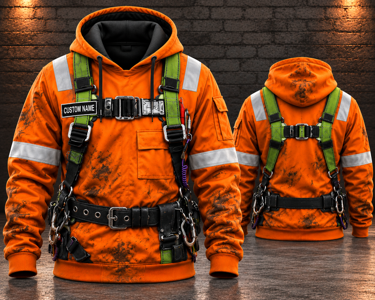Personalized Oilfield Worker Orange 3D Hoodie - Custom Name Oil Rig Safety Harness Design