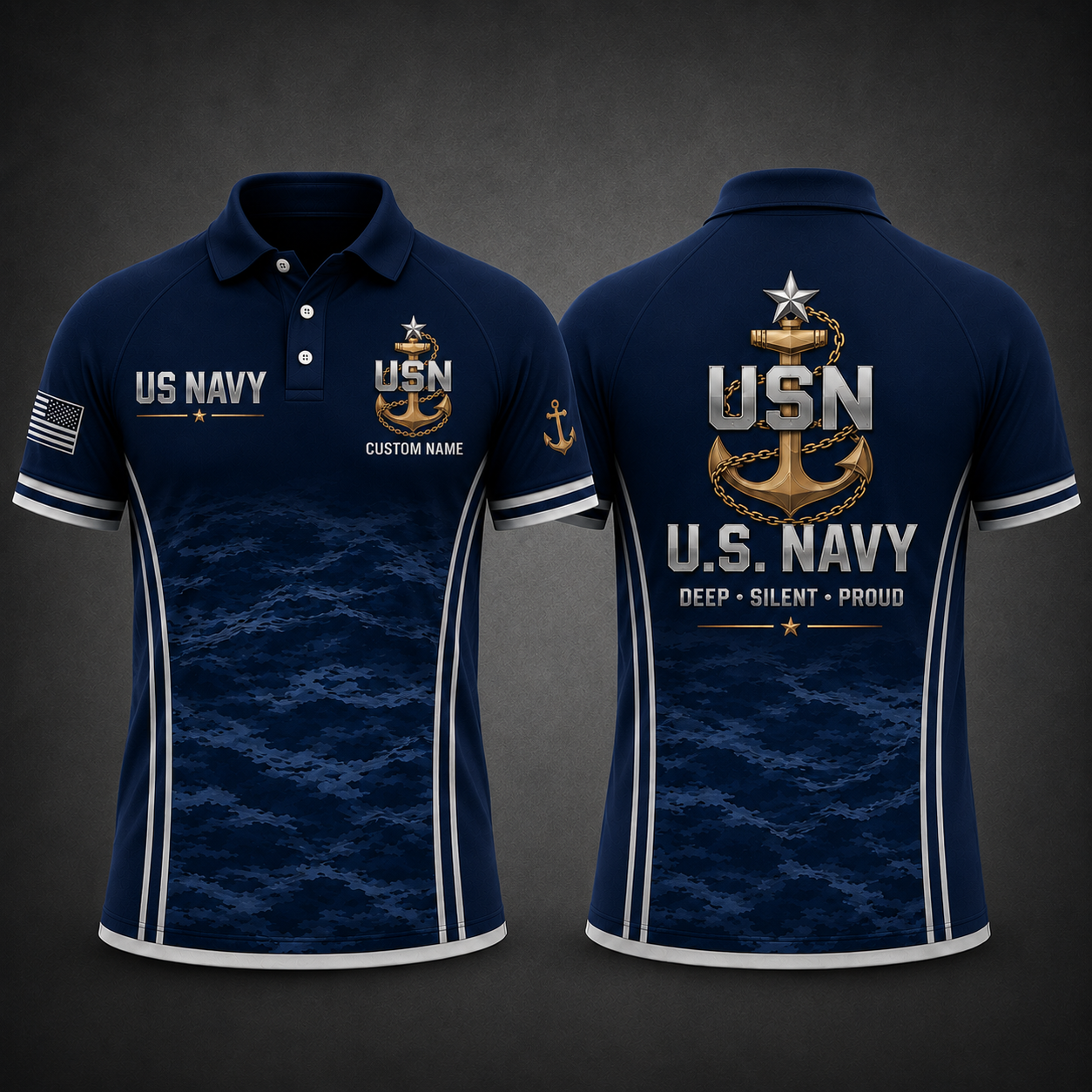 Custom Name US Navy Chief Anchor Deep Silent Proud Polo Shirt