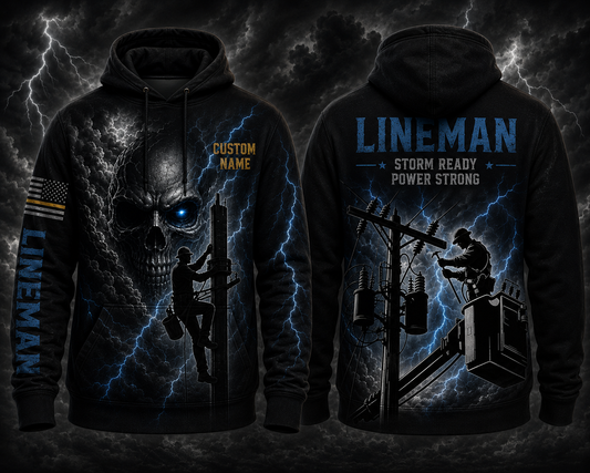 Custom Name Lineman Halloween Storm Ready Power Strong 3D Hoodie